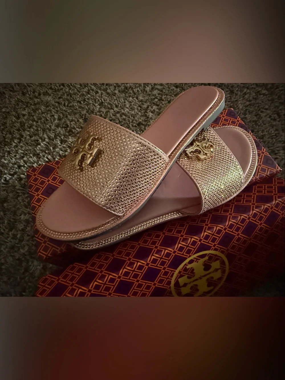 Tory Burch Metallic Rose Gold Logo Slide Sandals
